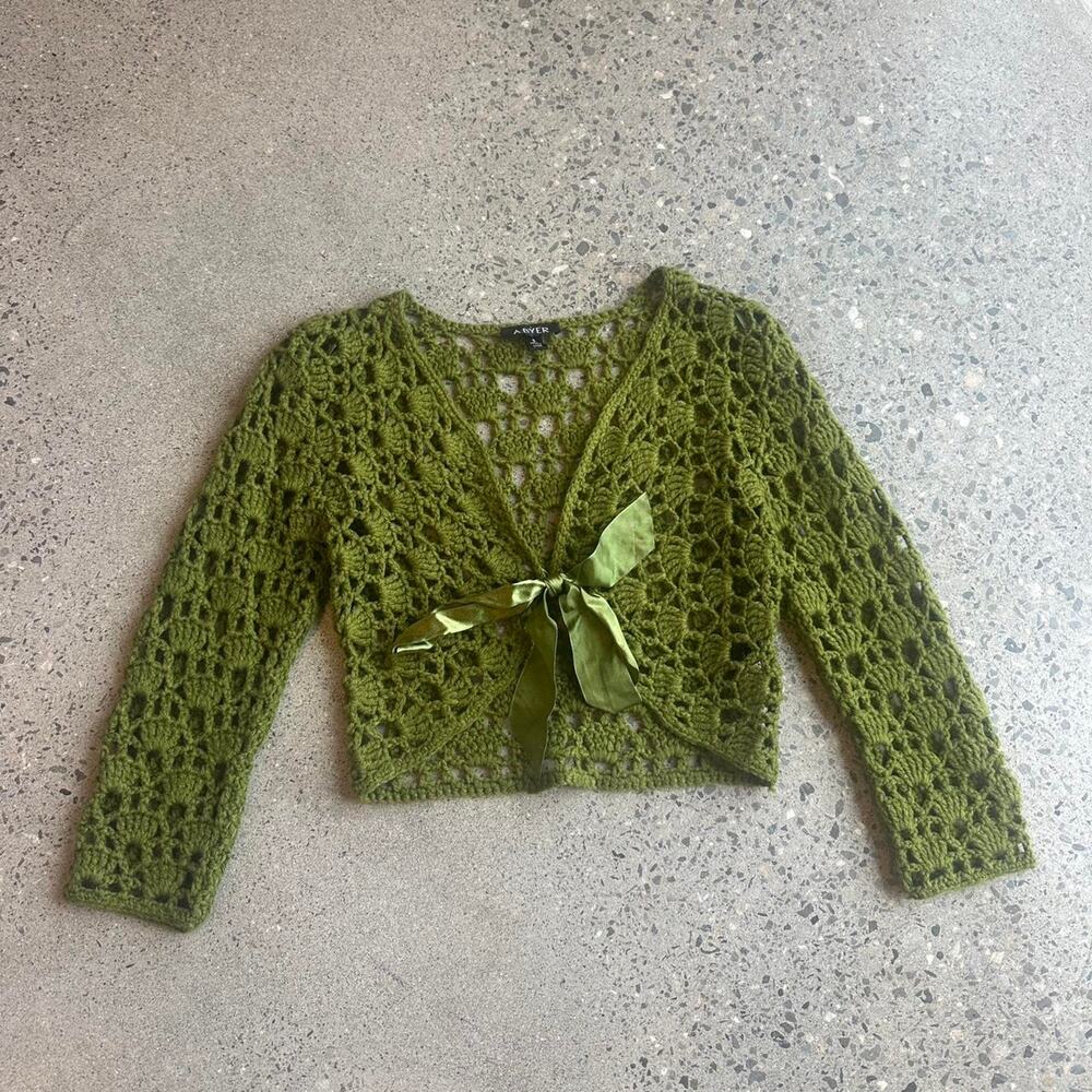 A Byer Women’s Small Top Green Crocheted Tie-Front Satin Bow Cardigan Boho
